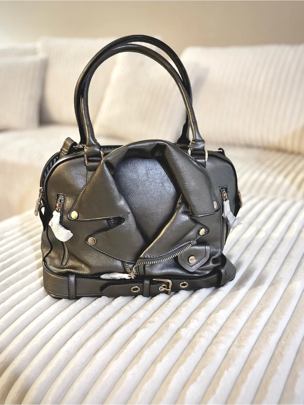LA MIEL Grey Moto-Style Satchel with Belt Detail